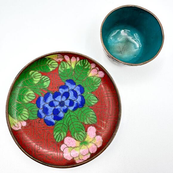 Antique Chinese Cloisonne Cup And Plate Red w Blue Dogwood Pink Lotus Pattern - Picture 7 of 13